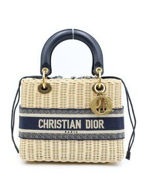 Dior Oblique Lady Medium 2-Way Shoulder Bag Basket Beige Navy Gold